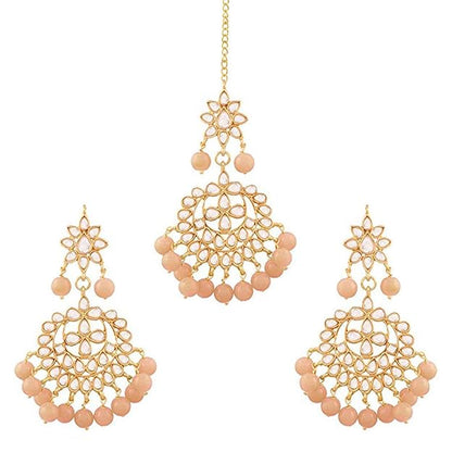 Bridal Mang Tika in Gold Plated Pearl and Kundan Studded Earring Set