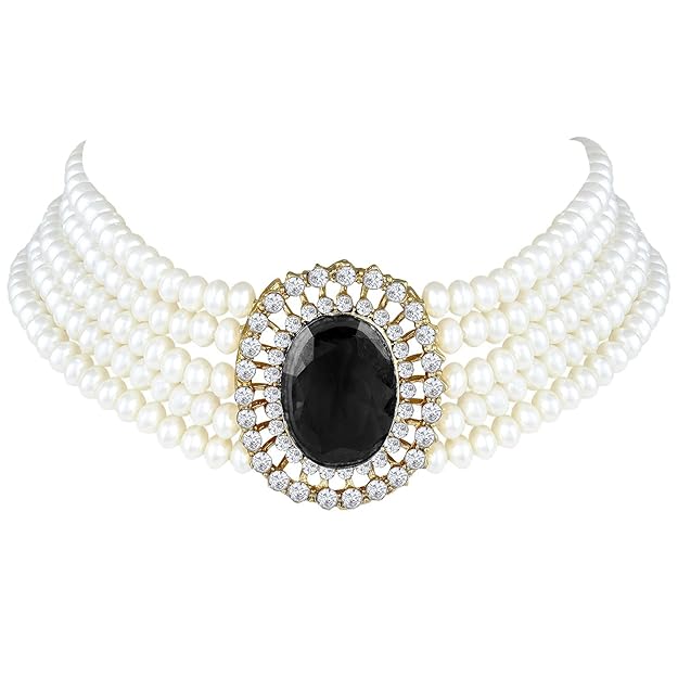Choker Necklace in Gold Plated Traditional Stone Studded Pearl Choker Necklace Jewellery Set for Women and Girls