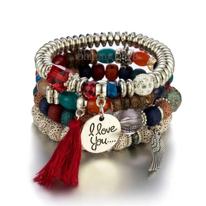Bohemian I Love You Feather Charm Beaded Multilayer Bracelet