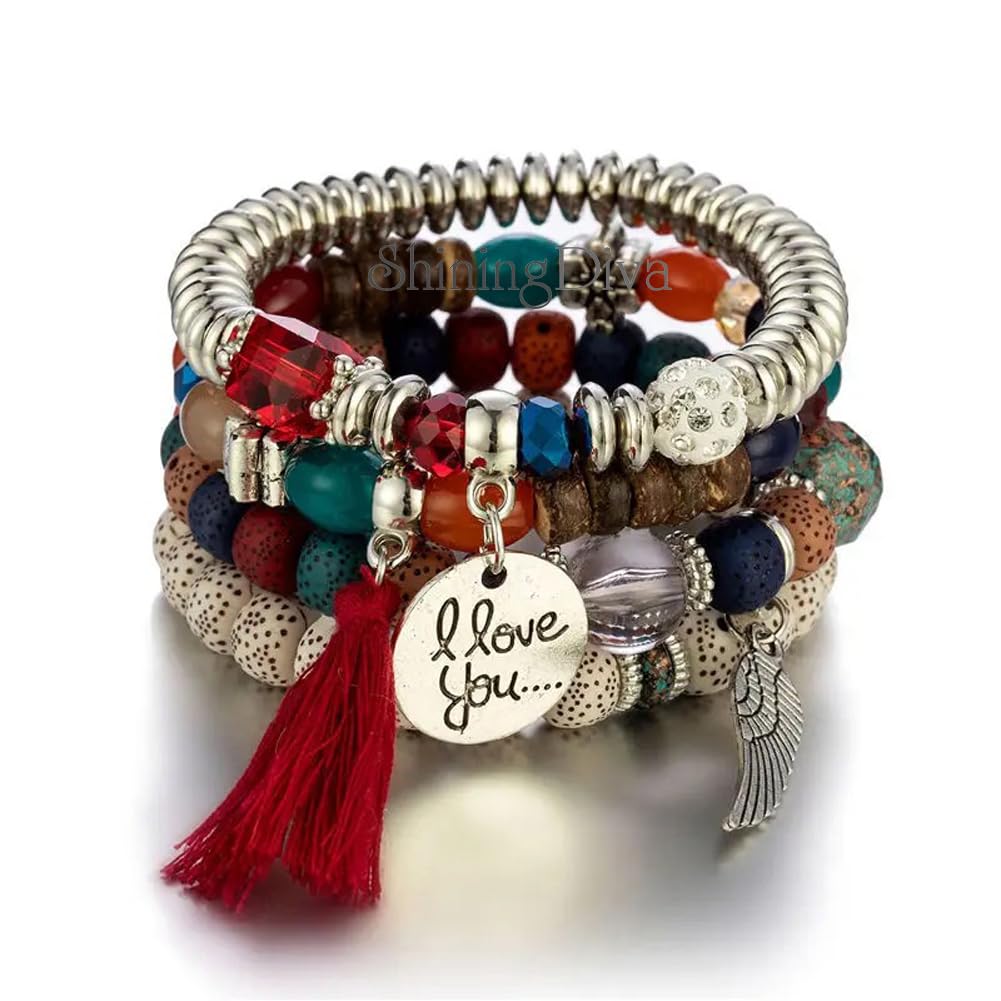 Bohemian I Love You Feather Charm Beaded Multilayer Bracelet for Women & Girls