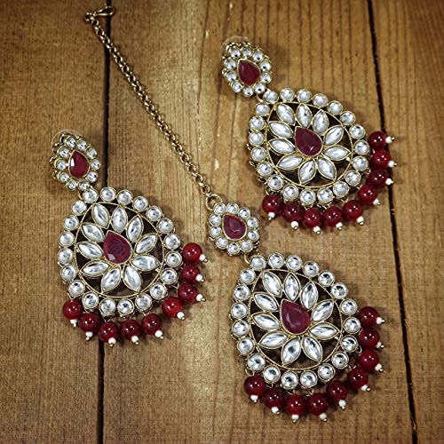 Kundan Chandbali Earrings in Gold Plated Antique Finish Bridal Maang Tikka Set