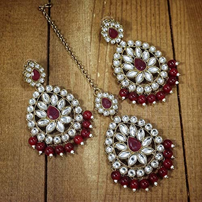 Kundan Chandbali Earrings in Gold Plated Antique Finish Bridal Maang Tikka Set