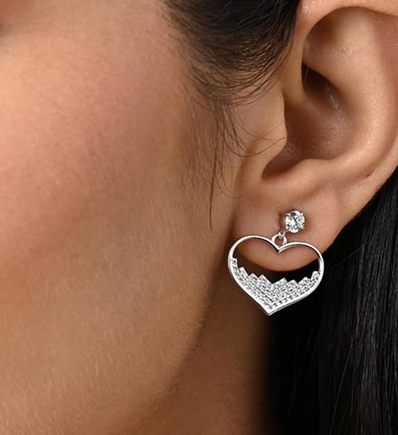 Heart Dangle Earrings in 925 Sterling Silver Cuore Heart Design with Platinum Plated Zirconia