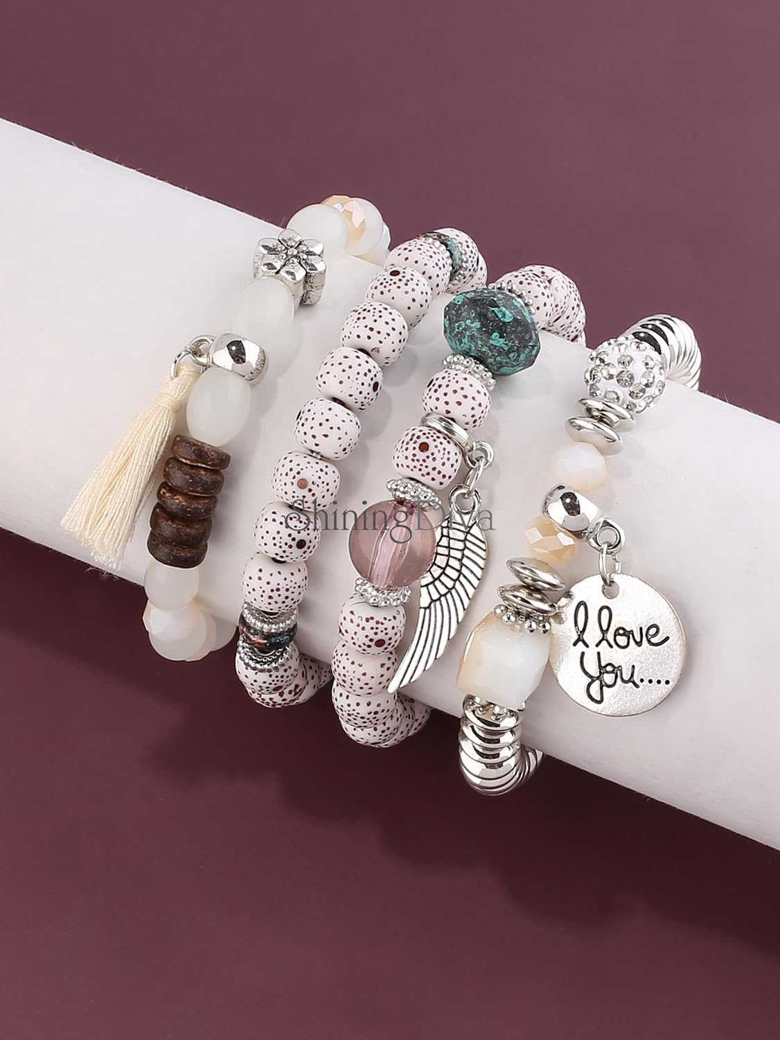 Bohemian I Love You Feather Charm Beaded Multilayer Bracelet for Women & Girls