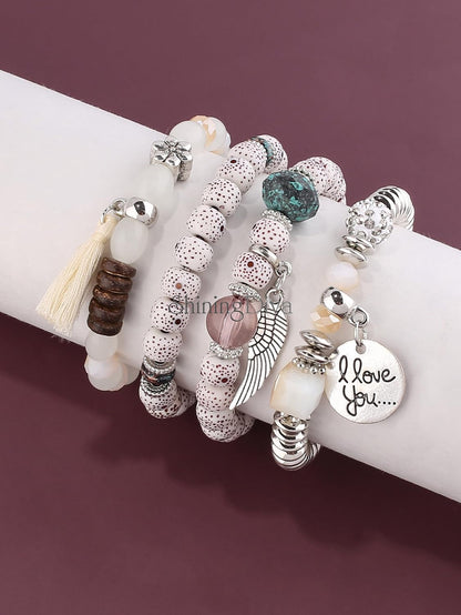Bohemian I Love You Feather Charm Beaded Multilayer Bracelet for Women & Girls