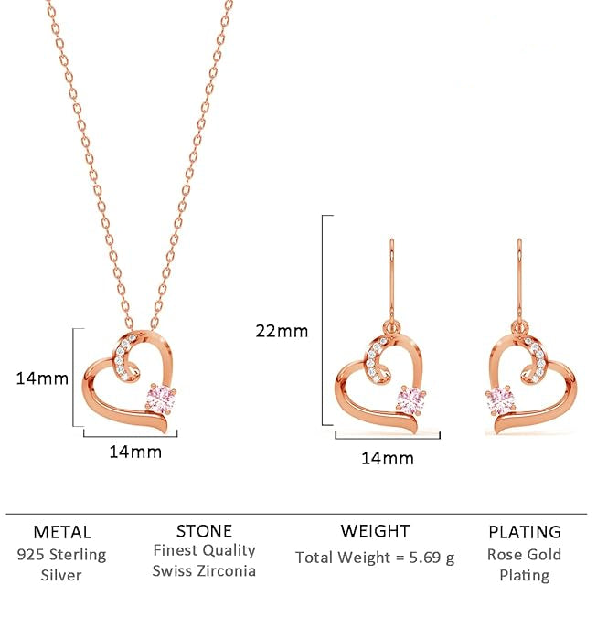 Pink Heart Jewelry Set in Sterling Silver Pendant and Earring Design with Rose Gold Plated Swiss Zirconia