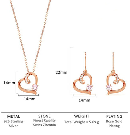 Pink Heart Jewelry Set in Sterling Silver Pendant and Earring Design with Rose Gold Plated Swiss Zirconia