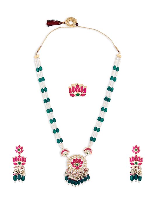 Lotus Flower Necklace Green Pink Meenakari Set