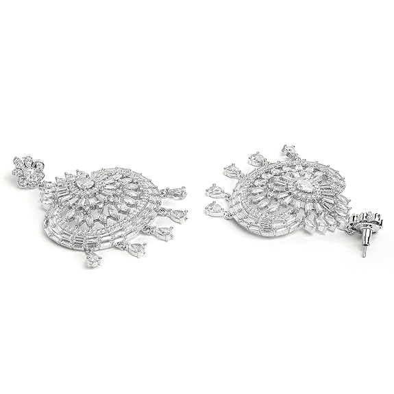American Diamond Jewelry Set in Rhodium Plated Stylish Shiny Round Design Maang Tikka Earring Jewellery