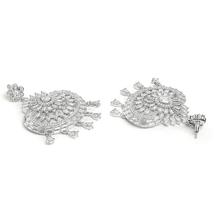 American Diamond Jewelry Set in Rhodium Plated Stylish Shiny Round Design Maang Tikka Earring Jewellery