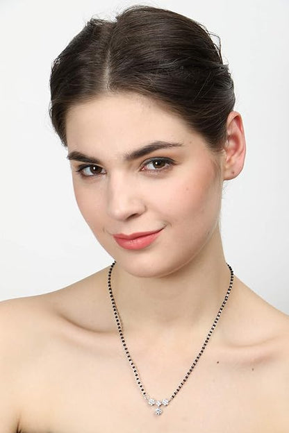 Silver Mangalsutra in 925 Sterling Silver Contemporary Design with Earrings and Chain Platinum Plated Swiss Zirconia