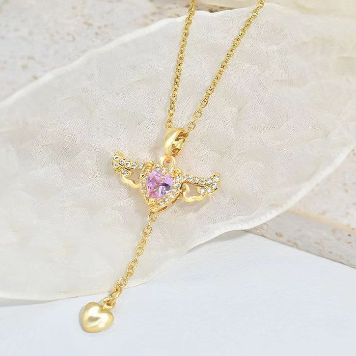 Moving Cupid Heart Angel Wings Tassel Necklace With Crystal Chain Women Jewelry Gift Valentine's Day