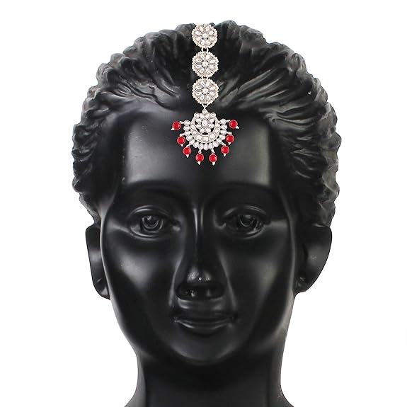 Traditional Earrings India in Rhodium Plated Kundan & Faux Pearl Chandbali Maang Tikka Set