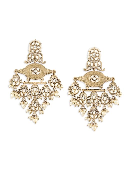 Gold Tone Pearl Cluster Meenakari Kundan Dangler Earrings