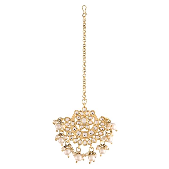 Rajasthani Mang Tikka in Gold Plated Matte Finish Kundan & Faux Pearl Chandbali Earring Set