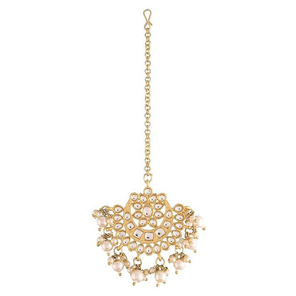 Rajasthani Mang Tikka in Gold Plated Matte Finish Kundan & Faux Pearl Chandbali Earring Set