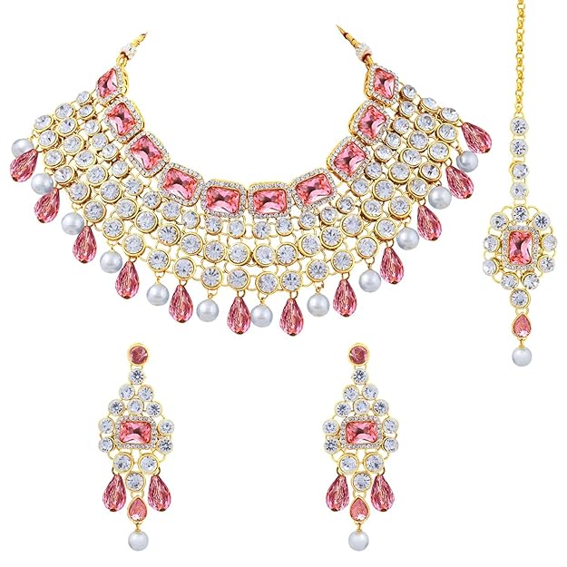 Crystal Choker Necklace with Maang Tikka and Earrings Indian Traditional Bridal Wedding Jewellery Set for Women