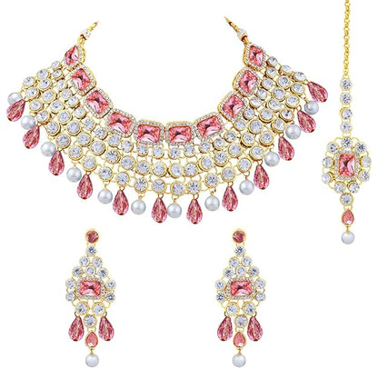 Crystal Choker Necklace with Maang Tikka and Earrings Indian Traditional Bridal Wedding Jewellery Set for Women