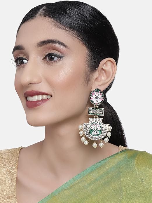 Green Pink Meenakari Lotus Kundan Earrings