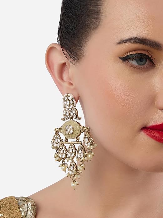 Gold Tone Pearl Cluster Meenakari Kundan Dangler Earrings