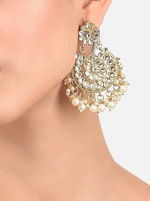 Gold Tone Kundan Pearl Dangle Earrings