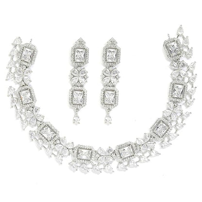 American Diamond Jewellery in Rhodium Plated Silver Toned Green and White AD Studded Necklace and Earrings Set for Women