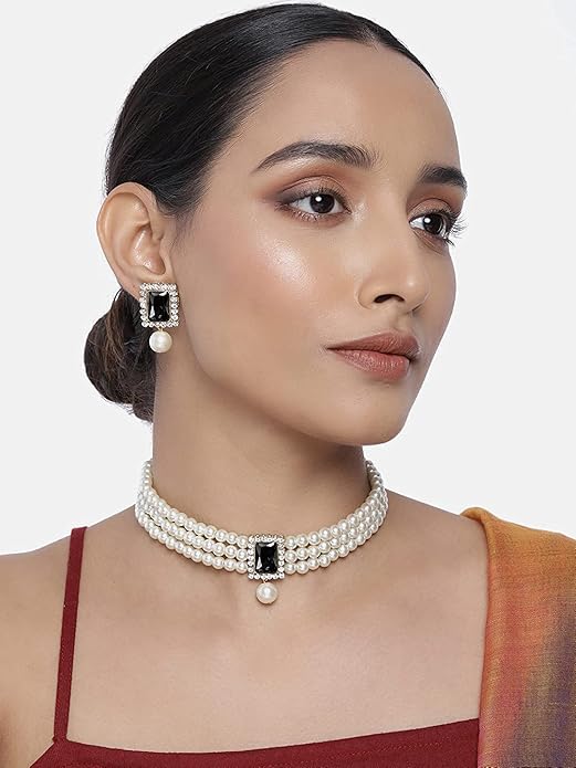 Pearl Choker Necklace in Gold Plated Traditional Stone and Pearl Choker Necklace Jewellery Set for Women