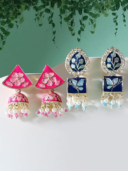 Blue And Pink Meenakari Jhumki Earrings Set Of 2