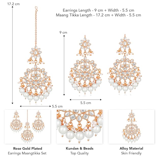 Maang Tikka with Pearl in Gold Plated Kundan Blue Faux Pearl Wedding Set