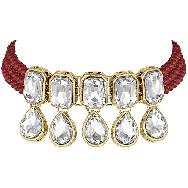 Indian Choker Set in Traditional Crystal and Pearl Choker Necklace with Earrings Jewellery Set for Women and Girls
