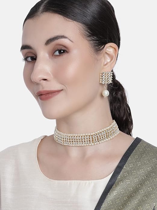 Pearl Choker Necklace Indian in Gold Plated Traditional Kundan and Pearl Choker Necklace Jewellery Set for Women and Girls