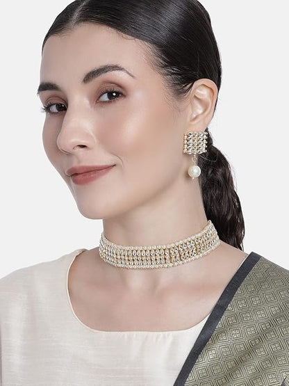Pearl Choker Necklace Indian in Gold Plated Traditional Kundan and Pearl Choker Necklace Jewellery Set for Women and Girls