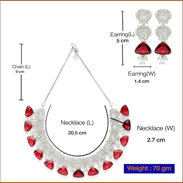 Jewelry set with necklace and earrings, including measurements and brand name 'Desi Dazzling'.