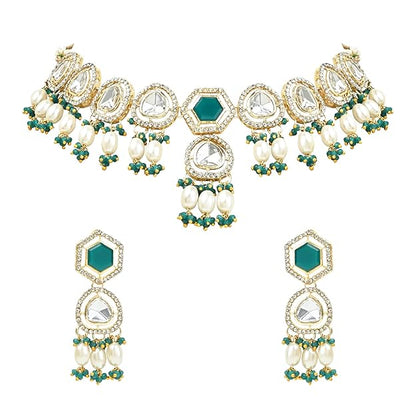 Indian Choker Necklace in Gold Plated Traditional Pearl Kundan and Stone Studded Jewellery Necklace Set for Women