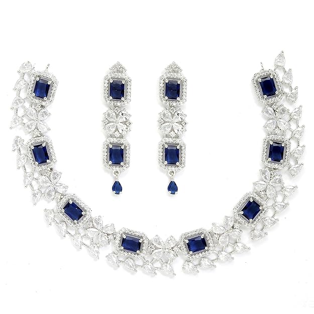 American Diamond Jewellery in Rhodium Plated Silver Toned Green and White AD Studded Necklace and Earrings Set for Women