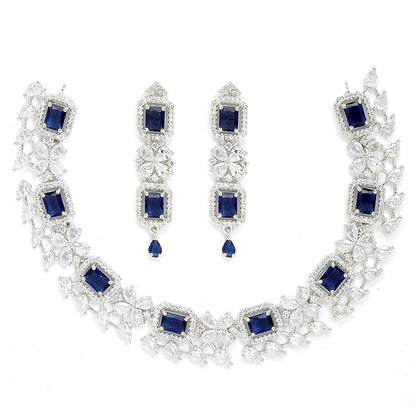 American Diamond Jewellery in Rhodium Plated Silver Toned Green and White AD Studded Necklace and Earrings Set for Women