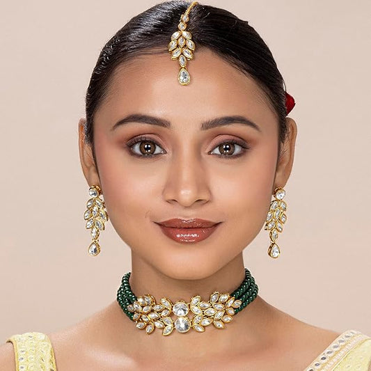 Pearl Necklace and Earring Set in Gold Plated Bridal Crystal Pearl Choker with Drop Earrings Traditional Jewellery Set for Women