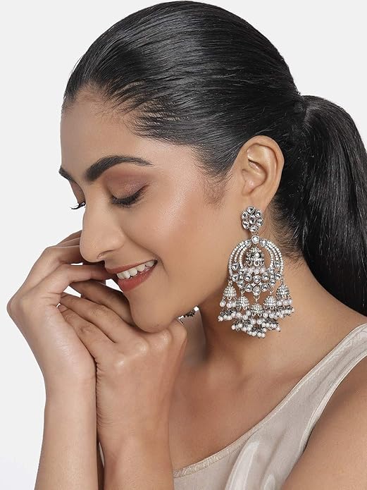 Antique Silver Kundan AD Jhumki Earrings
