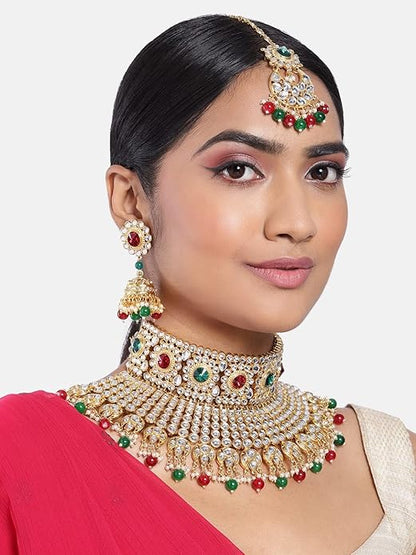 Bridal Necklace and Earring Set in Traditional Kundan Pearl Studded Bridal Choker with Earrings and Maang Tikka Jewellery Set for Women