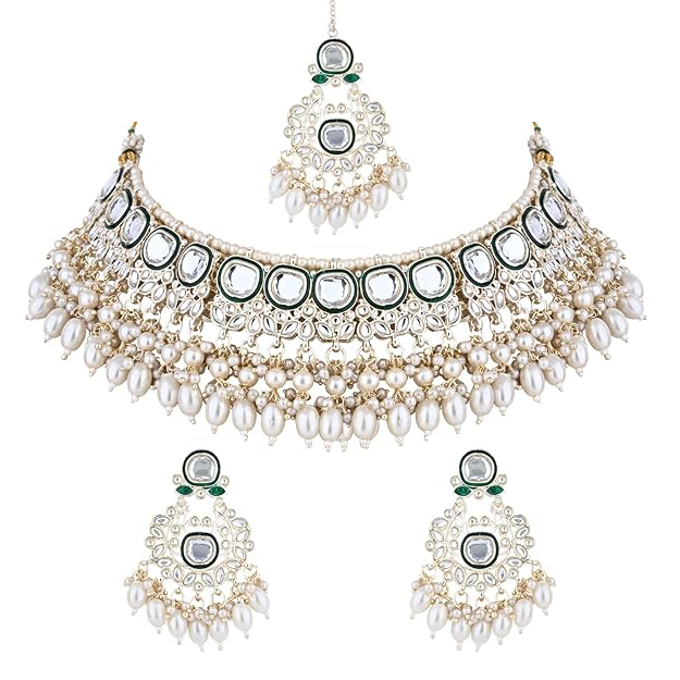 Choker Necklaces for Women in Traditional Meenakari Kundan and Pearl Choker Necklace Jewellery Set