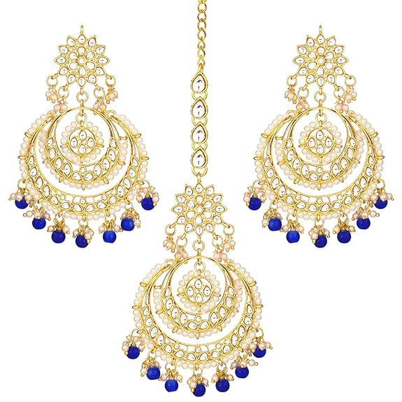 Mang Tikka for Women in Traditional Rhodium Kundan & Pearl Earring Set Design