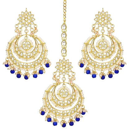 Mang Tikka for Women in Traditional Rhodium Kundan & Pearl Earring Set Design