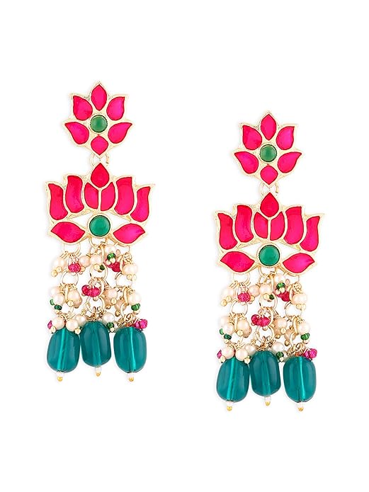 Green Beads Pink Meenakari Lotus Drop Earrings