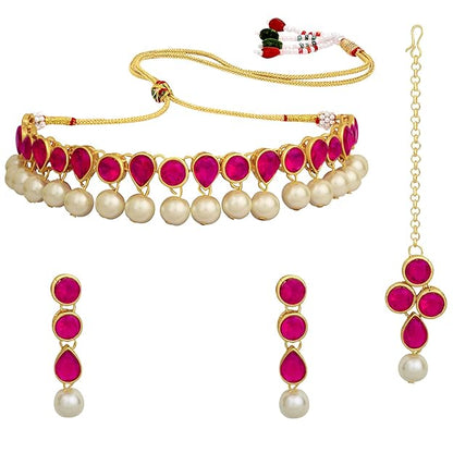 Kundan Jewellery Set in Traditional Kundan and Pearl Choker Necklace with Earrings and Maang Tikka Jewellery Set for Women and Girls