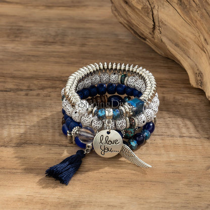 Bohemian I Love You Feather Charm Beaded Multilayer Bracelet for Women & Girls