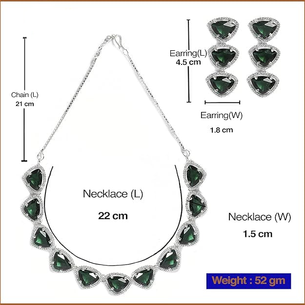 American Diamond Indian Jewellery in Rhodium Plated Silver Toned Triangular Shaped AD Studded Jewellery Set for Women and Girls