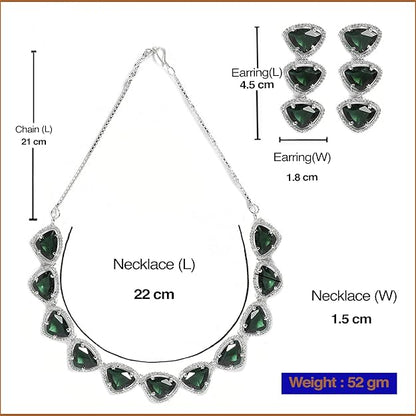 American Diamond Indian Jewellery in Rhodium Plated Silver Toned Triangular Shaped AD Studded Jewellery Set for Women and Girls