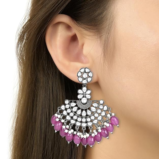 Silver Chandbali Earrings in Oxidised Kundan Pearl Design with Maang Tikka Set