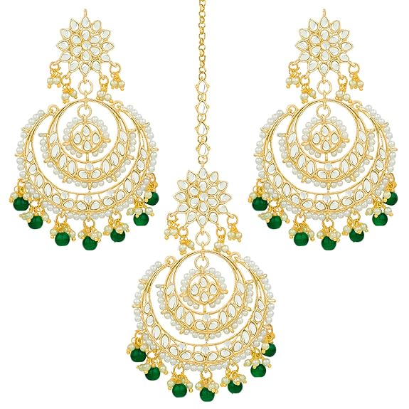 Mang Tikka for Women in Traditional Rhodium Kundan & Pearl Earring Set Design