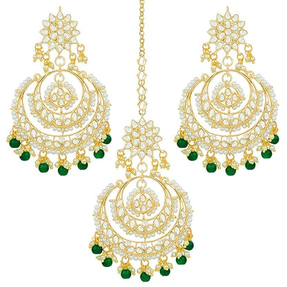 Mang Tikka for Women in Traditional Rhodium Kundan & Pearl Earring Set Design